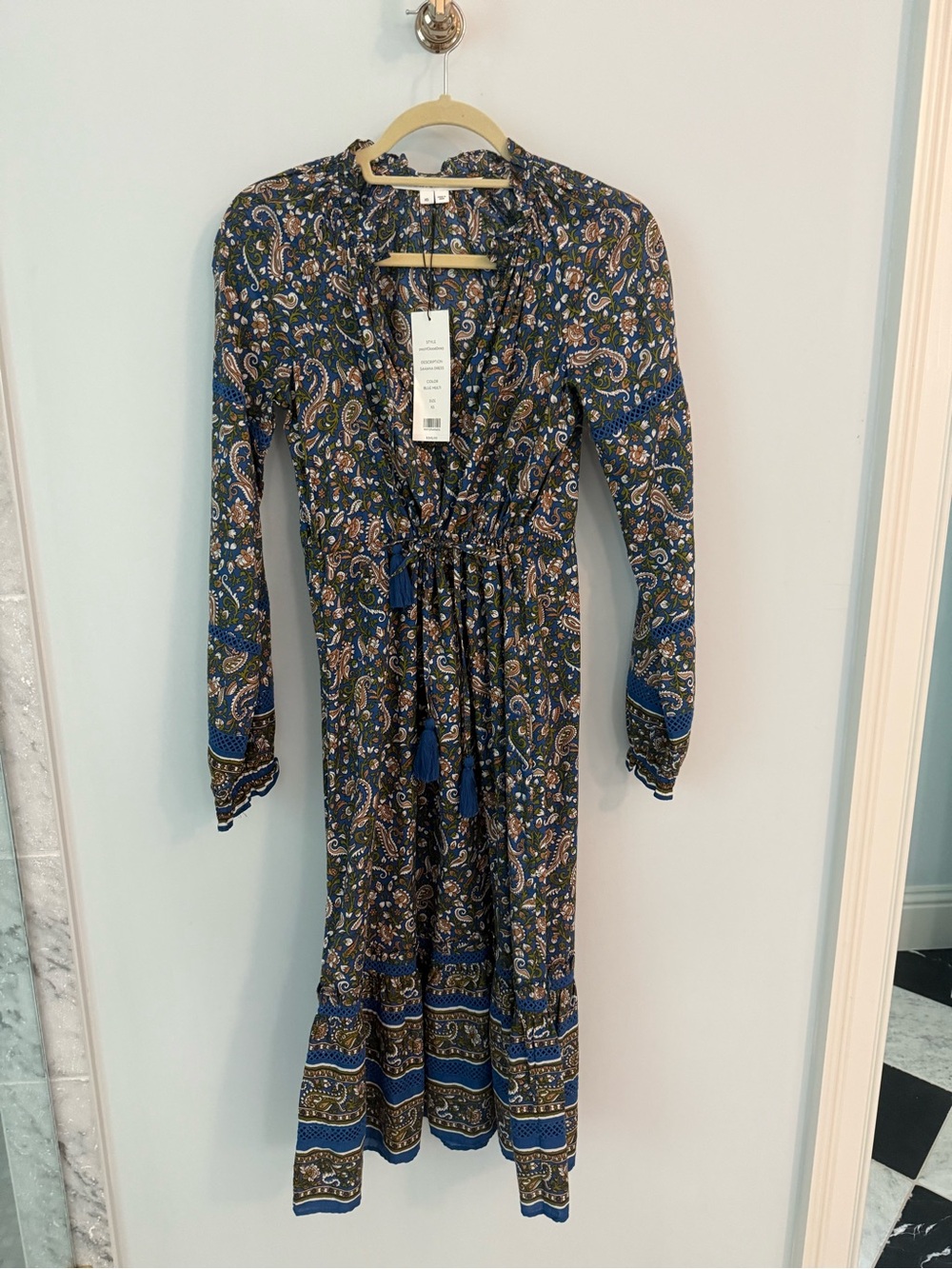Veronica Beard Navy Paisley Long Sleeve Maxi Dress